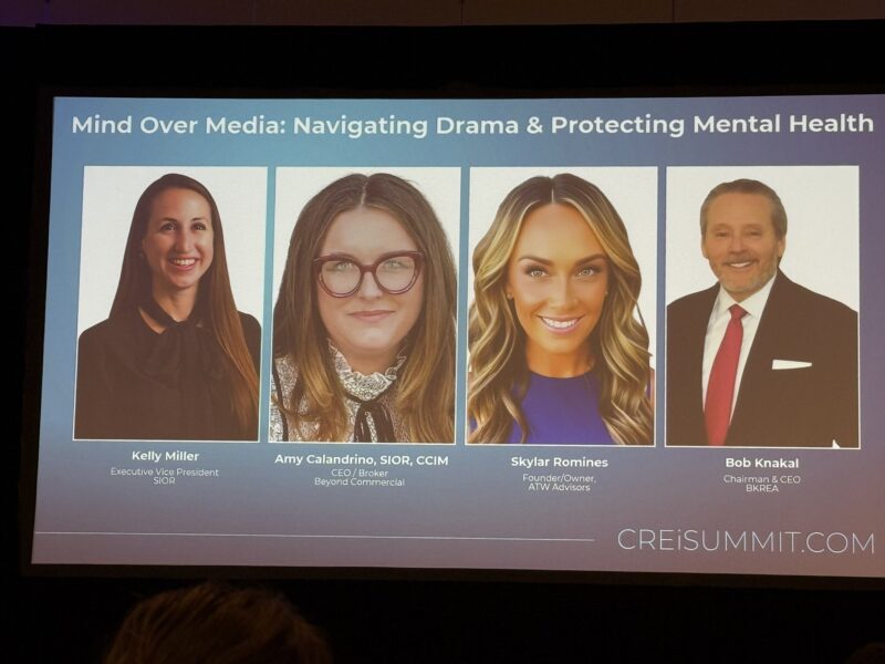 CREi Summit session slide for Mind Over Media: Navigating Drama and Protecting Mental Health, showing headshots of speakers Kelly Miller, Amy Calandrino, Skylar Romines, and Bob Knakal