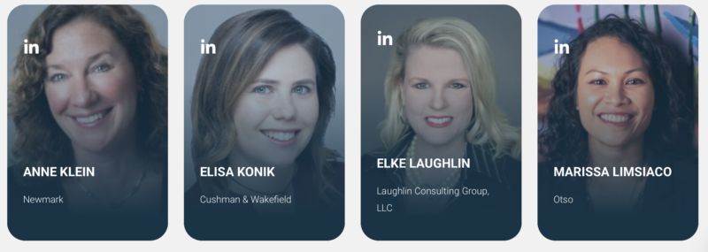 CREi Summit Top Women of Influence nominee cards for Anne Klein, Elisa Konik, Elke Laughlin, and Marissa Limsiaco