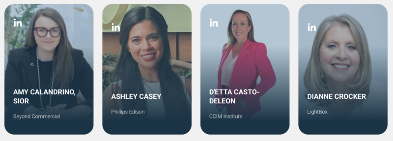 CREi Summit Top Women of Influence nominee cards for Amy Calandrino, Ashley Casey, Detta Casto-Deleon, and Dianne Crocker