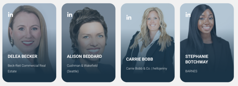 CREi Summit Top Women of Influence nominee cards for Delea Becker, Alison Beddard, Carrie Bobb, and Stephanie Botchway